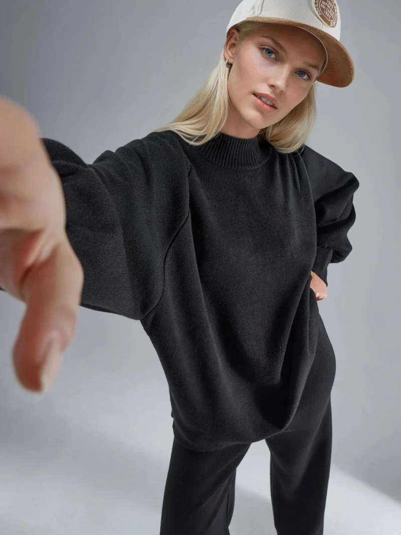 MY FASHION Black MY FASHION Loose Fit Sweater & Pants Knit Co-ord Set for Women | Best Price UAE